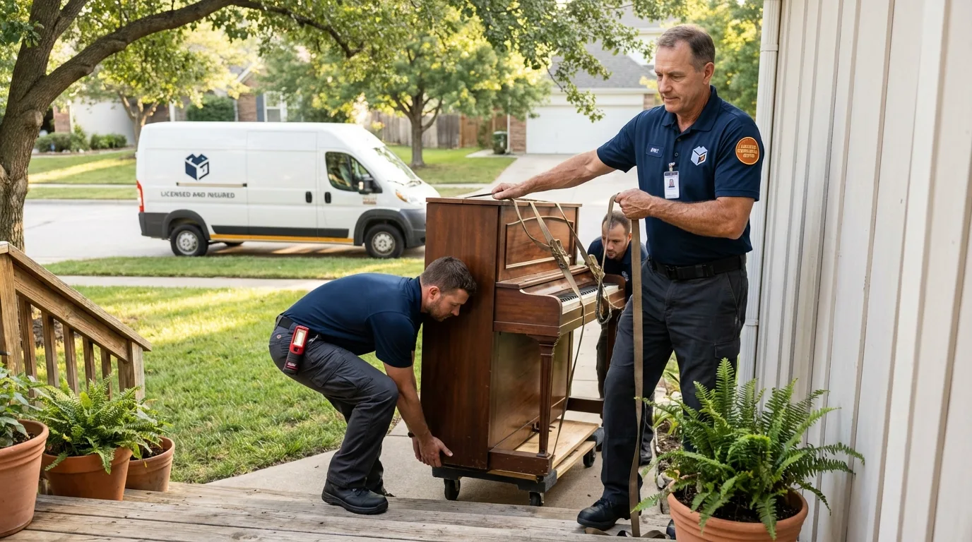 Licensed piano movers securing grand piano in Johnson City, TN