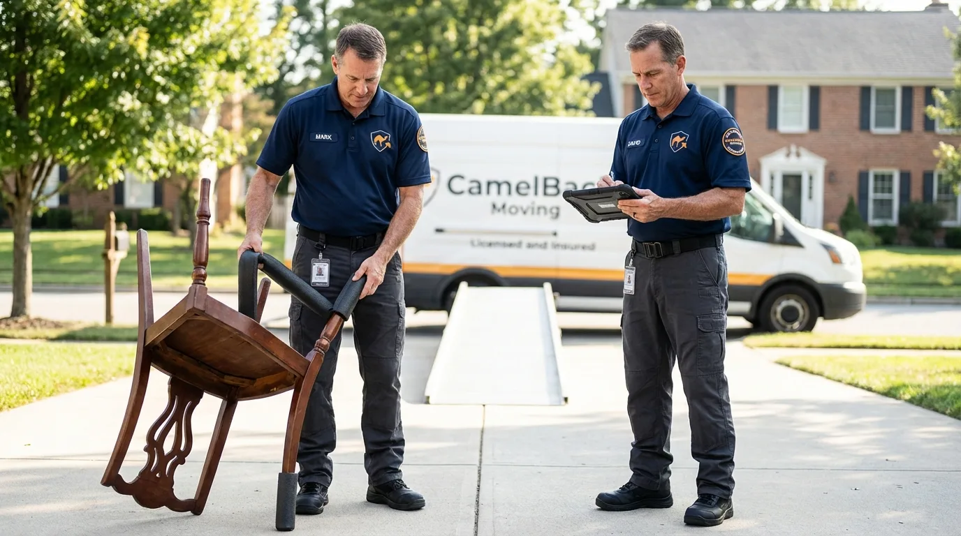 Movers inspecting furniture for damage prevention before loading in Johnson City, TN